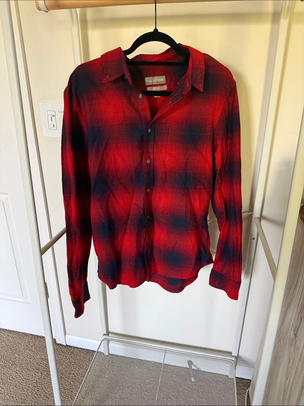 Falls Creek Red and Navy Plaid Casual Button Down Shirt